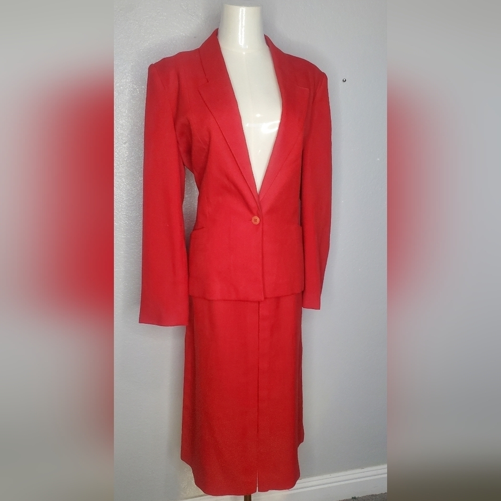Panther 2 Piece Red Blazer Jacket & A-Line Midi Skirt Set Skirtsuit Size Medium - Picture 8 of 10